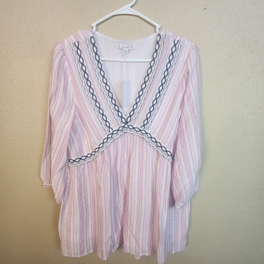 L Love Pink White Striped Blouse with Black Crochet Lace NWT (5846)